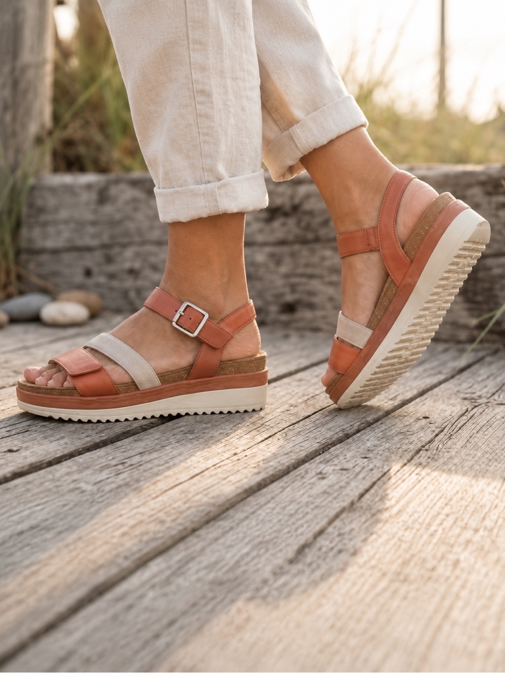 Brioso Leather Two-Tone Comfort Sandals in Brown & Beige